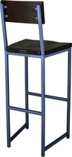 Load image into Gallery viewer, Blue metal stool with back with black stain ash wood made in UK - back side view square frame