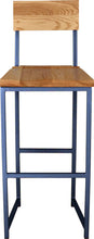 Load image into Gallery viewer, Blue metal stool with back with natural stain ash wood made in UK - front view square frame