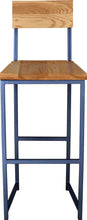 Load image into Gallery viewer, Blue metal stool with back with natural stain ash wood made in UK - front view square frame