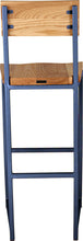Load image into Gallery viewer, Blue metal stool with back with natural stain ash wood made in UK - back view square frame