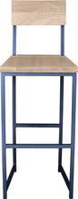 Load image into Gallery viewer, Blue metal stool with back with whitewash stain ash wood made in UK - front view square frame