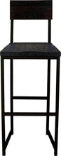 Load image into Gallery viewer, Black metal stool with back with black stain ash wood made in UK - front view square frame