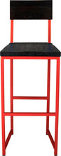 Load image into Gallery viewer, Red metal stool with back with black stain ash wood made in UK - front view square frame