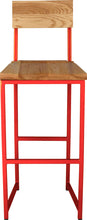 Load image into Gallery viewer, Red metal stool with back with natural stain ash wood made in UK - front view square frame