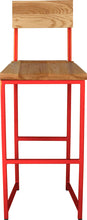 Load image into Gallery viewer, Red metal stool with back with natural stain ash wood made in UK - front view square frame