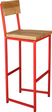 Load image into Gallery viewer, Red metal stool with back with natural stain ash wood made in UK - angle view square frame