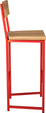 Load image into Gallery viewer, Red metal stool with back with natural stain ash wood made in UK - side view square frame