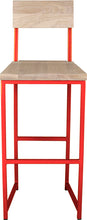 Load image into Gallery viewer, Red metal stool with back with whitewash stain ash wood made in UK - front view square frame