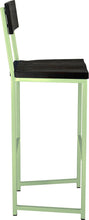 Load image into Gallery viewer, Sage green metal stool with back with black stain ash wood made in UK - side view square frame