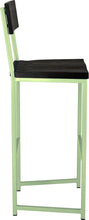 Load image into Gallery viewer, Sage green metal stool with back with black stain ash wood made in UK - side view square frame