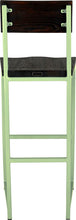 Load image into Gallery viewer, Sage green metal stool with back with black stain ash wood made in UK - back view square frame