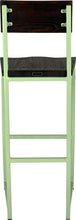 Load image into Gallery viewer, Sage green metal stool with back with black stain ash wood made in UK - back view square frame