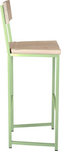 Load image into Gallery viewer, Sage green metal stool with back with whitewash stain ash wood made in UK - side view square frame