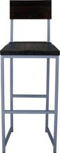 Load image into Gallery viewer, Shaker blue metal stool with back with black stain ash wood made in UK - front view square frame
