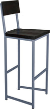 Load image into Gallery viewer, Shaker blue metal stool with back with black stain ash wood made in UK - angle view square frame