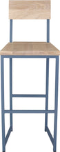 Load image into Gallery viewer, Shaker blue metal stool with back with whitewash stain ash wood made in UK - front view square frame