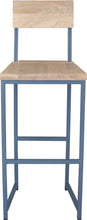 Load image into Gallery viewer, Shaker blue metal stool with back with whitewash stain ash wood made in UK - front view square frame