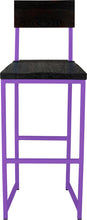 Load image into Gallery viewer, Purple metal stool with back with black stain ash wood made in UK - front view square frame
