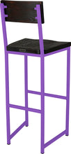 Load image into Gallery viewer, Purple metal stool with back with black stain ash wood made in UK - back side view square frame