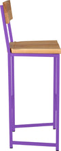 Load image into Gallery viewer, Purple metal stool with back with natural stain ash wood made in UK - side view square frame