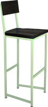 Load image into Gallery viewer, Mint green metal stool with back with black stain ash wood made in UK - angle view square frame