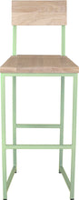 Load image into Gallery viewer, Mint green metal stool with back with whitewash stain ash wood made in UK - front view square frame