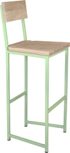 Load image into Gallery viewer, Mint green metal stool with back with whitewash stain ash wood made in UK - angle view square frame