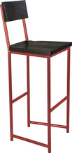 Load image into Gallery viewer, Crimson red metal stool with back with black stain ash wood made in UK - angle view round frame
