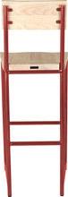 Load image into Gallery viewer, Crimson red metal stool with back with whitewash stain ash wood made in UK - back view round frame