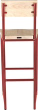 Load image into Gallery viewer, Crimson red metal stool with back with whitewash stain ash wood made in UK - back view round frame