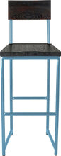 Load image into Gallery viewer, Duck-egg blue metal stool with back with black stain ash wood made in UK - front view round frame