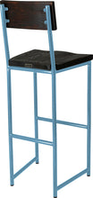 Load image into Gallery viewer, Duck-egg blue metal stool with back with black stain ash wood made in UK - back side view round frame