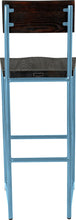 Load image into Gallery viewer, Duck-egg blue metal stool with back with black stain ash wood made in UK - back view round frame