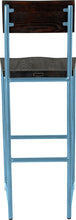 Load image into Gallery viewer, Duck-egg blue metal stool with back with black stain ash wood made in UK - back view round frame