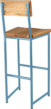 Load image into Gallery viewer, Duck-egg blue metal stool with back with natural stain ash wood made in UK - back side view round frame