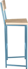 Load image into Gallery viewer, Duck-egg blue metal stool with back with whitewash stain ash wood made in UK - side view round frame