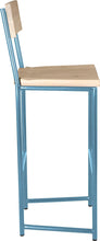 Load image into Gallery viewer, Duck-egg blue metal stool with back with whitewash stain ash wood made in UK - side view round frame