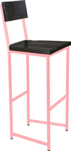 Load image into Gallery viewer, Pink metal stool with back with black stain ash wood made in UK - angle view round frame