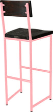 Load image into Gallery viewer, Pink metal stool with back with black stain ash wood made in UK - back side view round frame
