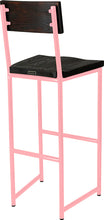 Load image into Gallery viewer, Pink metal stool with back with black stain ash wood made in UK - back side view round frame
