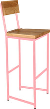 Load image into Gallery viewer, Pink metal stool with back with natural stain ash wood made in UK - angle view round frame