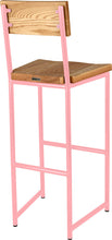 Load image into Gallery viewer, Pink metal stool with back with natural stain ash wood made in UK - back side view round frame
