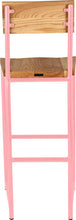 Load image into Gallery viewer, Pink metal stool with back with natural stain ash wood made in UK - back view round frame