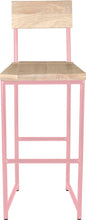 Load image into Gallery viewer, Pink metal stool with back with whitewash stain ash wood made in UK - front view round frame