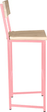 Load image into Gallery viewer, Pink metal stool with back with whitewash stain ash wood made in UK - side view round frame