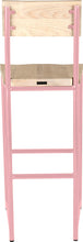 Load image into Gallery viewer, Pink metal stool with back with whitewash stain ash wood made in UK - back view round frame