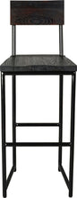 Load image into Gallery viewer, Gloss black metal stool with back with black stain ash wood made in UK - front view round frame