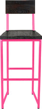 Load image into Gallery viewer, Hot pink metal stool with back with black stain ash wood made in UK - front view round frame