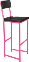 Load image into Gallery viewer, Hot pink metal stool with back with black stain ash wood made in UK - angle view round frame
