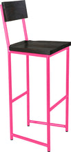 Load image into Gallery viewer, Hot pink metal stool with back with black stain ash wood made in UK - angle view round frame